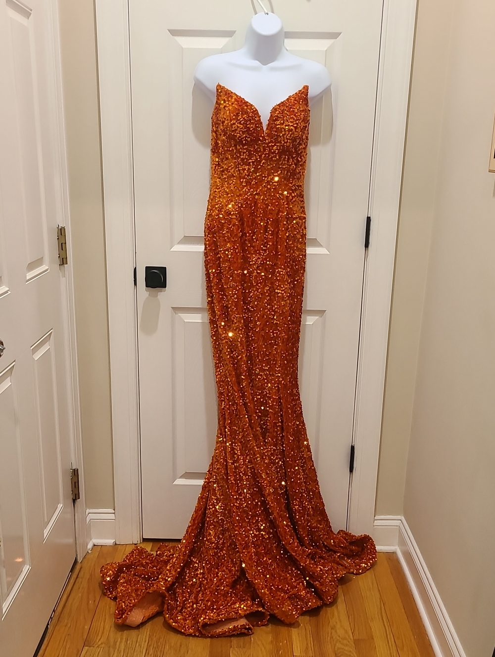 Sparkling Strapless Orange Sequin Mermaid Gown
